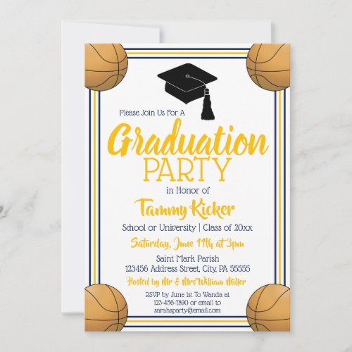 Navy  Gold Basketball Graduation Party Invitation