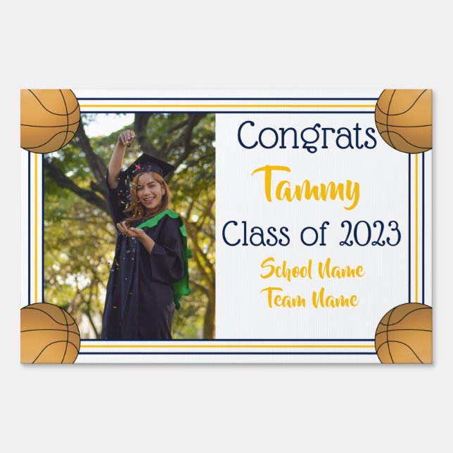 Navy & Gold Basketball One Photo Graduation Sign (Back)
