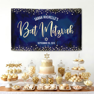 Navy Gold Bat Mitzvah Modern Foil Glitter Script Banner