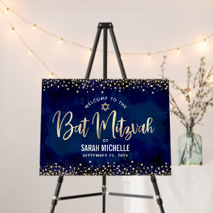 Navy Gold Bat Mitzvah Modern Script Glam Welcome Foam Board