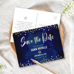 Navy Gold Bat Mitzvah Save the Date Modern Script Invitation Postcard<br><div class="desc">Make sure all your friends and relatives will be able to celebrate your daughter’s milestone Bat Mitzvah! Send out this stunning, modern, “Save the Date” announcement postcard. Graphic faux gold foil calligraphy script, Star of David, and confetti, overlay a rich, dramatic, navy blue watercolor background. Personalize the custom text with...</div>