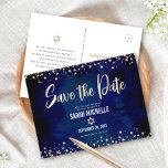 Navy Gold Bat Mitzvah Save the Date Modern Script Invitation Postcard<br><div class="desc">Make sure all your friends and relatives will be able to celebrate your daughter’s milestone Bat Mitzvah! Send out this stunning, modern, “Save the Date” announcement postcard. Graphic faux gold foil calligraphy script, Star of David, and confetti, overlay a rich, dramatic, navy blue watercolor background. Personalize the custom text with...</div>