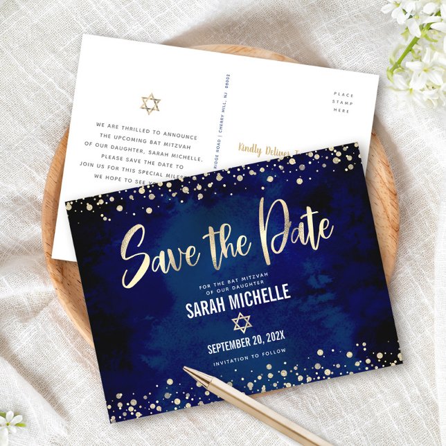 Navy Gold Bat Mitzvah Save the Date Modern Script Invitation Postcard (Creator Uploaded)