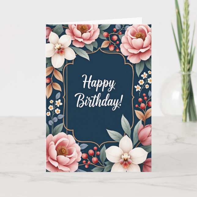 Navy Gold Birthday Bloom Card (Front)