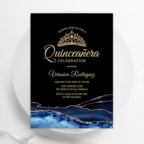 Navy Gold Black Agate Marble Quinceanera Invitation