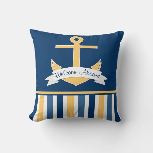 Navy Gold Blue Nautical Stripes Gold Anchor Banner Throw Pillow