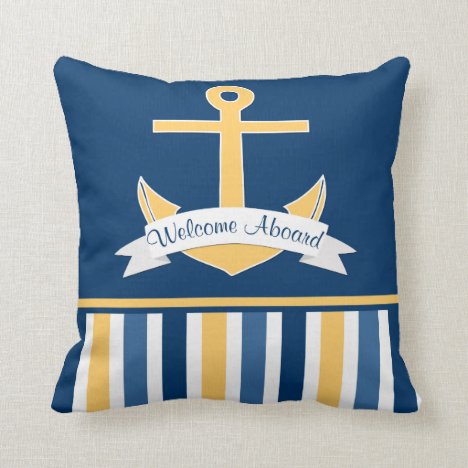Navy Gold Blue Nautical Stripes Gold Anchor Banner Throw Pillow