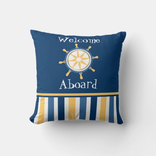 Navy Gold Blue Nautical Wheel Stripes Throw Pillow