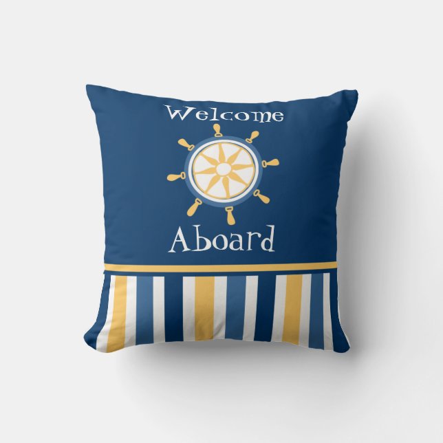 Navy Gold Blue Nautical Wheel Stripes Throw Pillow (Front)
