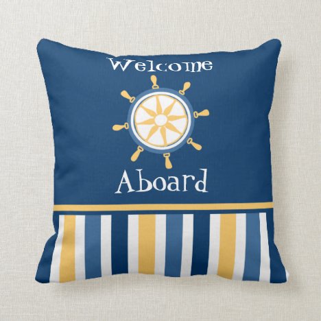 Navy Gold Blue Nautical Wheel Stripes Throw Pillow