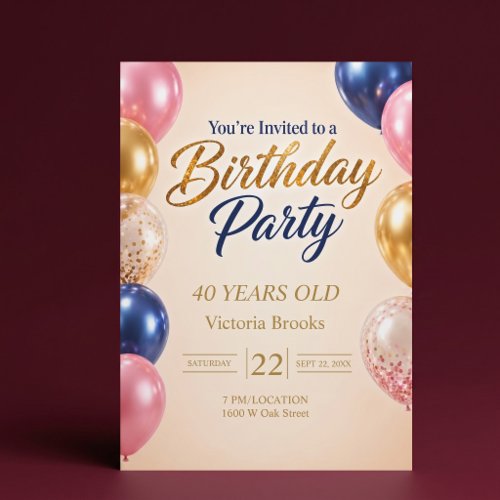 Navy Gold & Blush Balloon Birthday Party Invitation