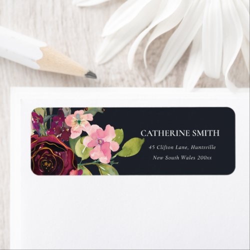 NAVY GOLD BLUSH BURGUNDY ROSE FLORAL ADDRESS LABEL