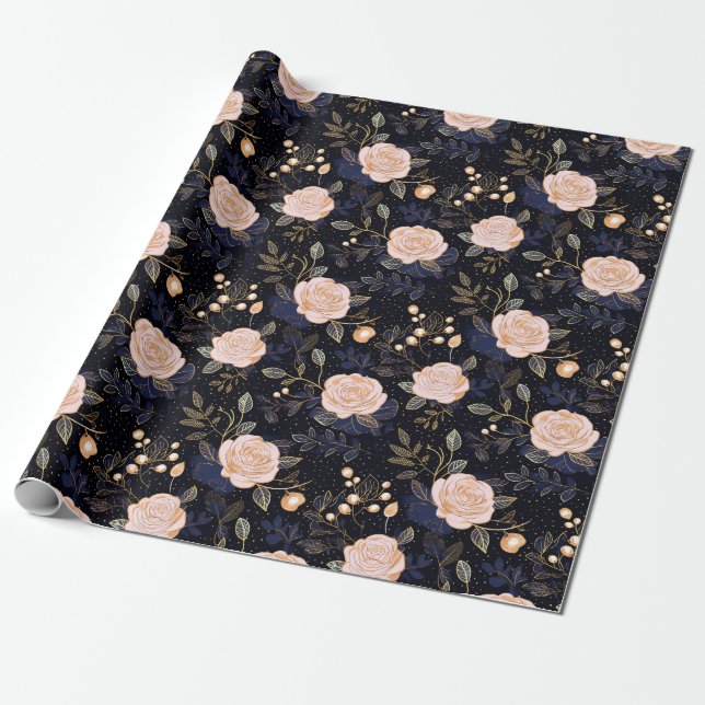 Navy, Gold & Blush Pink Hand Drawn Rose Floral Wrapping Paper (Unrolled)