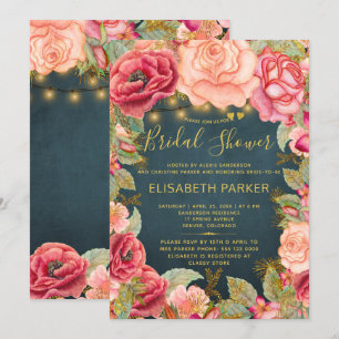 Navy gold blush pink roses lights bridal shower invitation