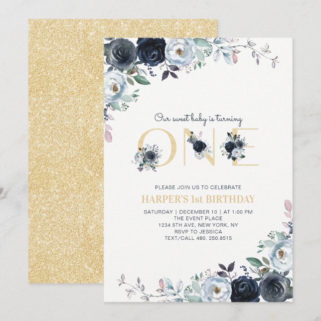 Navy & Gold Boho Floral 1st First Birthday Party Invitation (Front/Back)