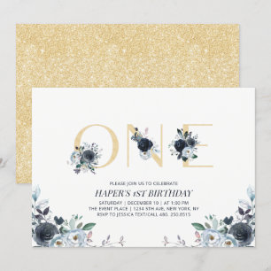 Navy & Gold Boho Floral First 1st Birthday Party Invitation