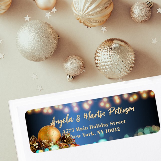 Navy Gold Bokeh Ornament Holiday Return Address Label (Creator Uploaded)