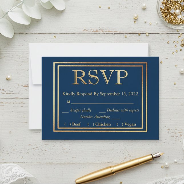 Navy Gold Border RSVP Wedding Simple Meal Choice Card (Creator Uploaded)