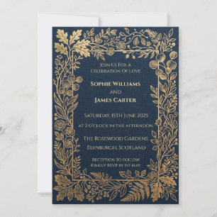 Navy Gold Botanical Wedding Invitation