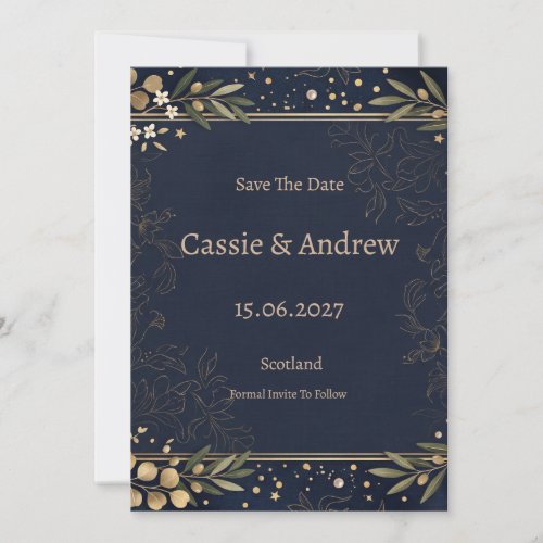 Navy Gold Botanical Wedding Save The Date