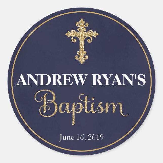 Navy & Gold Boy Baptism Favor Stickers (Front)