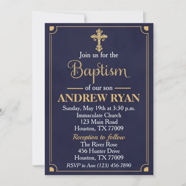 Navy & Gold Boy Baptism Invitation (Front)