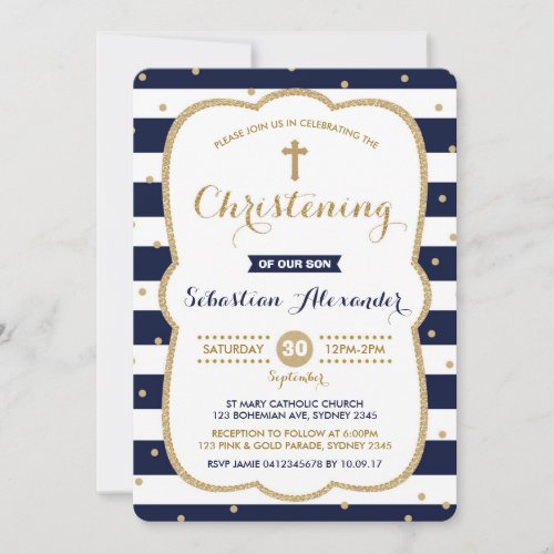 Navy  Gold Boy Christening Invitation Confetti