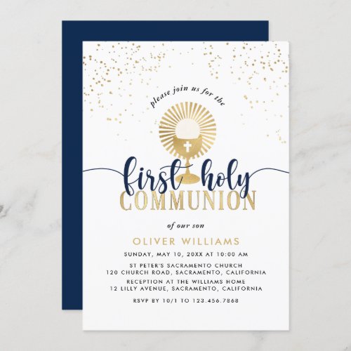 Navy  Gold Boy First Holy Communion Invitation