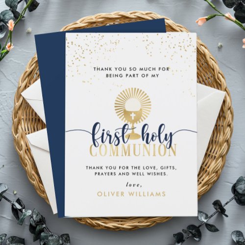 Navy  Gold Boy First Holy Communion Thank You Card