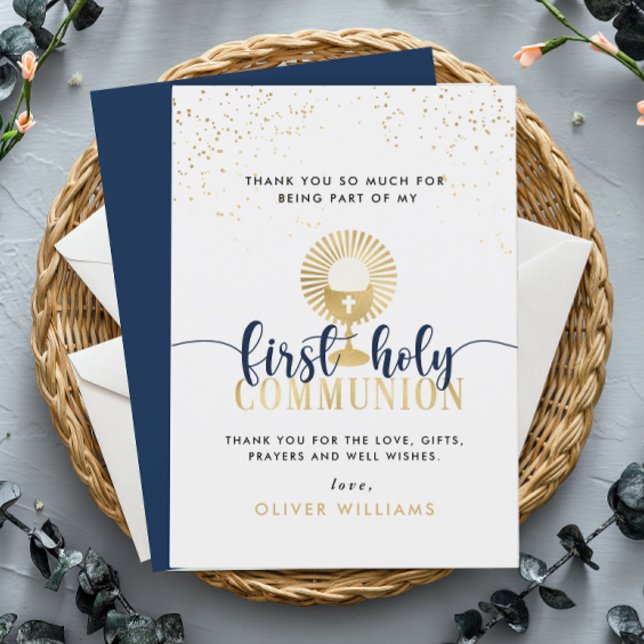 Navy & Gold Boy First Holy Communion Thank You Card (Creator Uploaded)