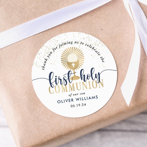 Navy  Gold Boy First Holy Communion Thank You Classic Round Sticker