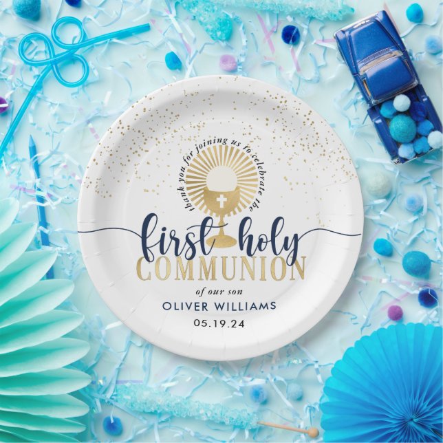 Navy & Gold Boy First Holy Communion Thank You  Paper Plates (Party)