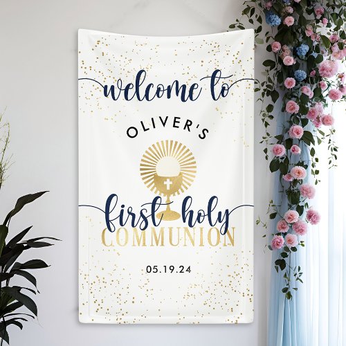 Navy  Gold Boy First Holy Communion Welcome Banner