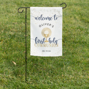 Navy & Gold Boy First Holy Communion Welcome Garden Flag