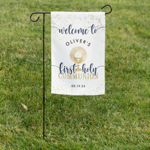 Navy  Gold Boy First Holy Communion Welcome Garden Flag