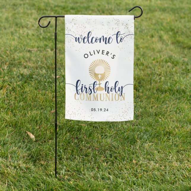 Navy & Gold Boy First Holy Communion Welcome Garden Flag (In SItu)