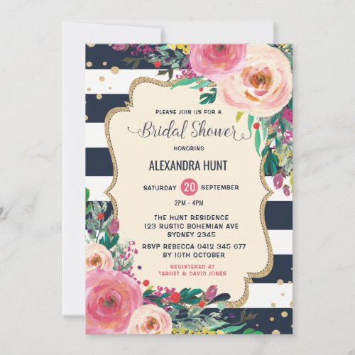 Navy Gold Bridal Shower Invitation Rustic Floral
