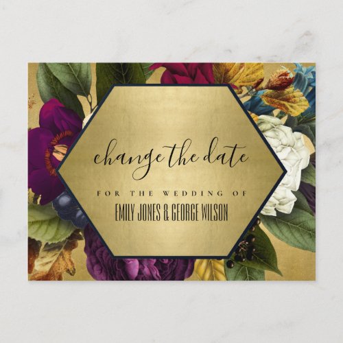 NAVY GOLD BURGUNDY FLORAL WEDDING CHANGE THE DATE ANNOUNCEMENT POSTCARD