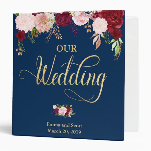 Navy Gold Burgundy Flowers Watercolor Wedding 3 Ring Binder