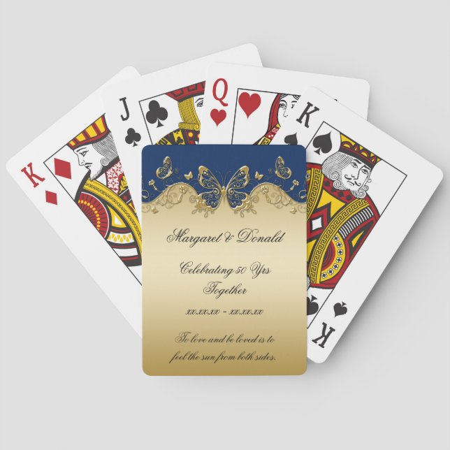 Navy Gold Butterflies 50th Anniversary Poker Cards (Back)