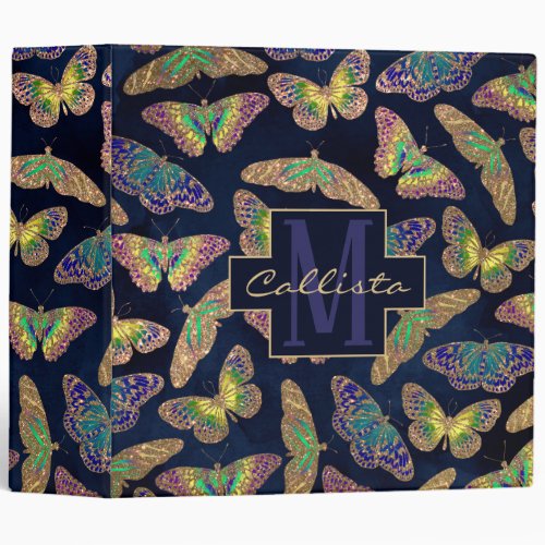 Navy Gold Butterflies Glitter Watercolor Monogram 3 Ring Binder