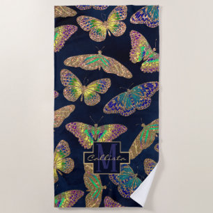 Navy Gold Butterflies Glitter Watercolor Monogram Beach Towel