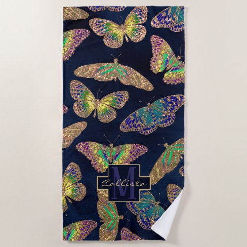 Navy Gold Butterflies Glitter Watercolor Monogram Beach Towel
