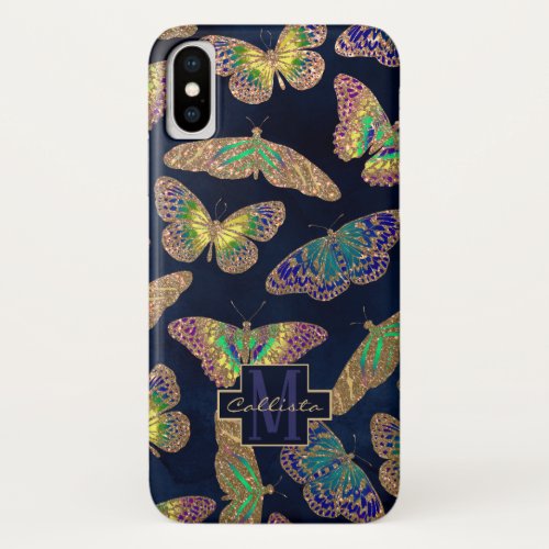 Navy Gold Butterflies Glitter Watercolor Monogram iPhone X Case
