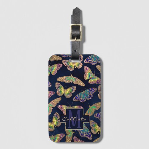 Navy Gold Butterflies Glitter Watercolor Monogram Luggage Tag