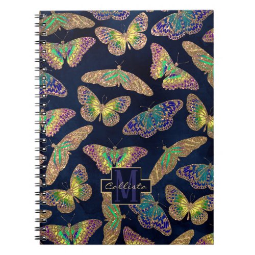 Navy Gold Butterflies Glitter Watercolor Monogram Notebook