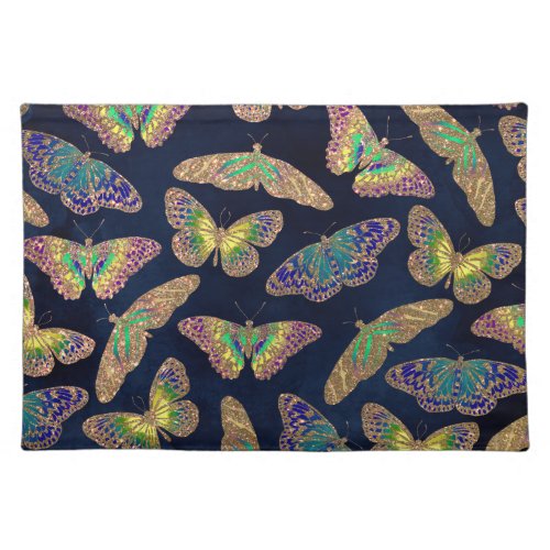 Navy Gold Butterflies Glitter Watercolor Pattern Cloth Placemat