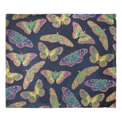 Navy Gold Butterflies Glitter Watercolor Pattern Duvet Cover