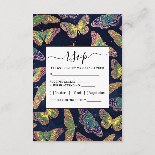 Navy Gold Butterflies Glitter Watercolor Pattern Enclosure Card