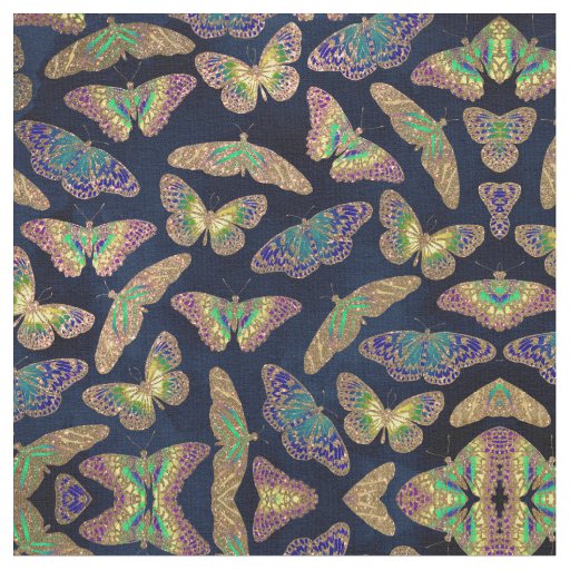 Navy Gold Butterflies Glitter Watercolor Pattern Fabric